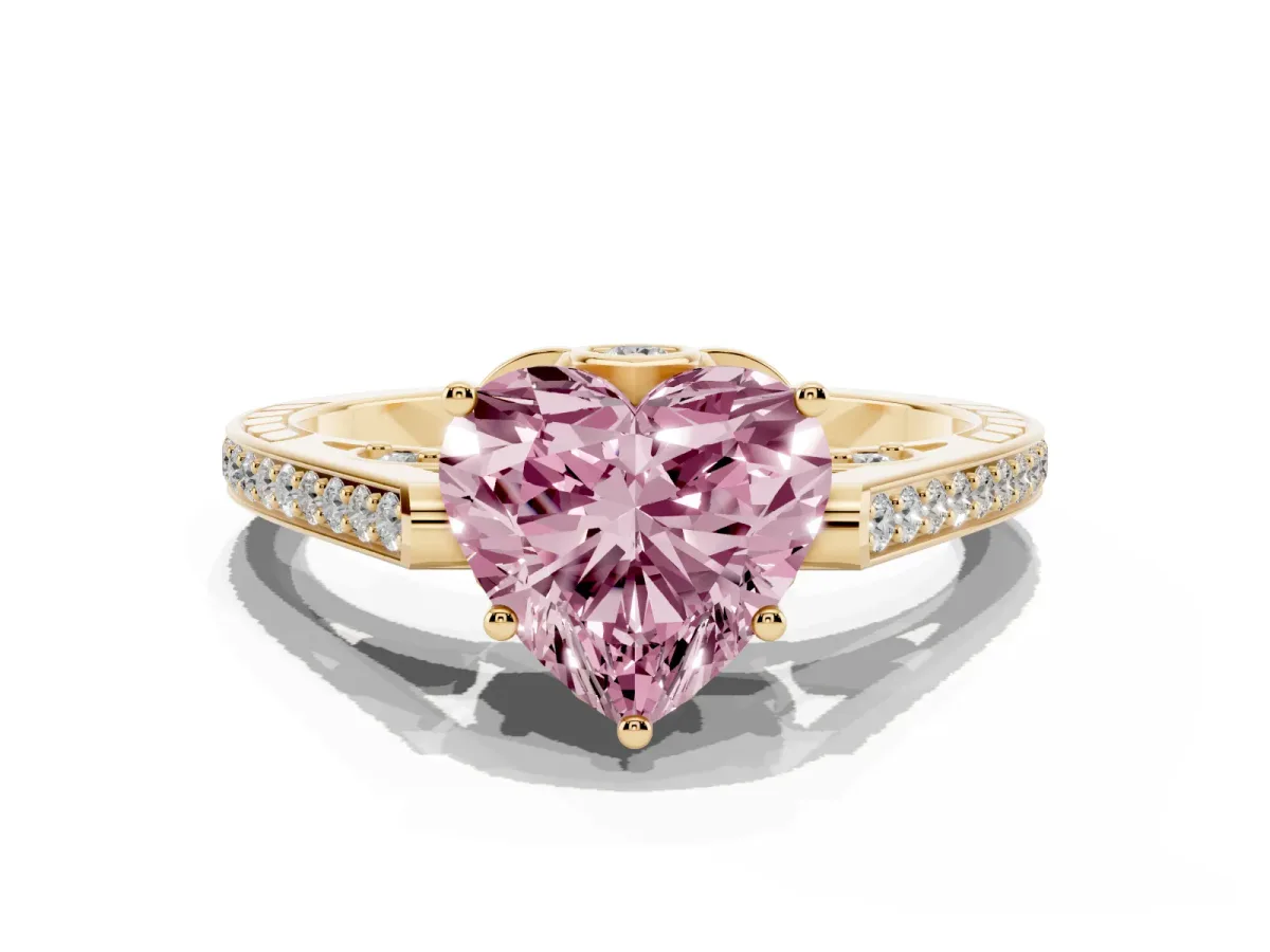 Fancy Pink Heart Cut Cut Cathedral Pave Diamond Engagement Ring with Six-Prong Setting Yellow gold