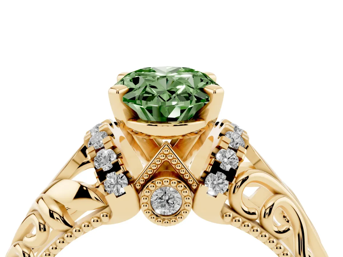 Fancy Green Oval Cut Solitaire Filigree Engagement Ring with Halo and Prong Setting Yellow gold