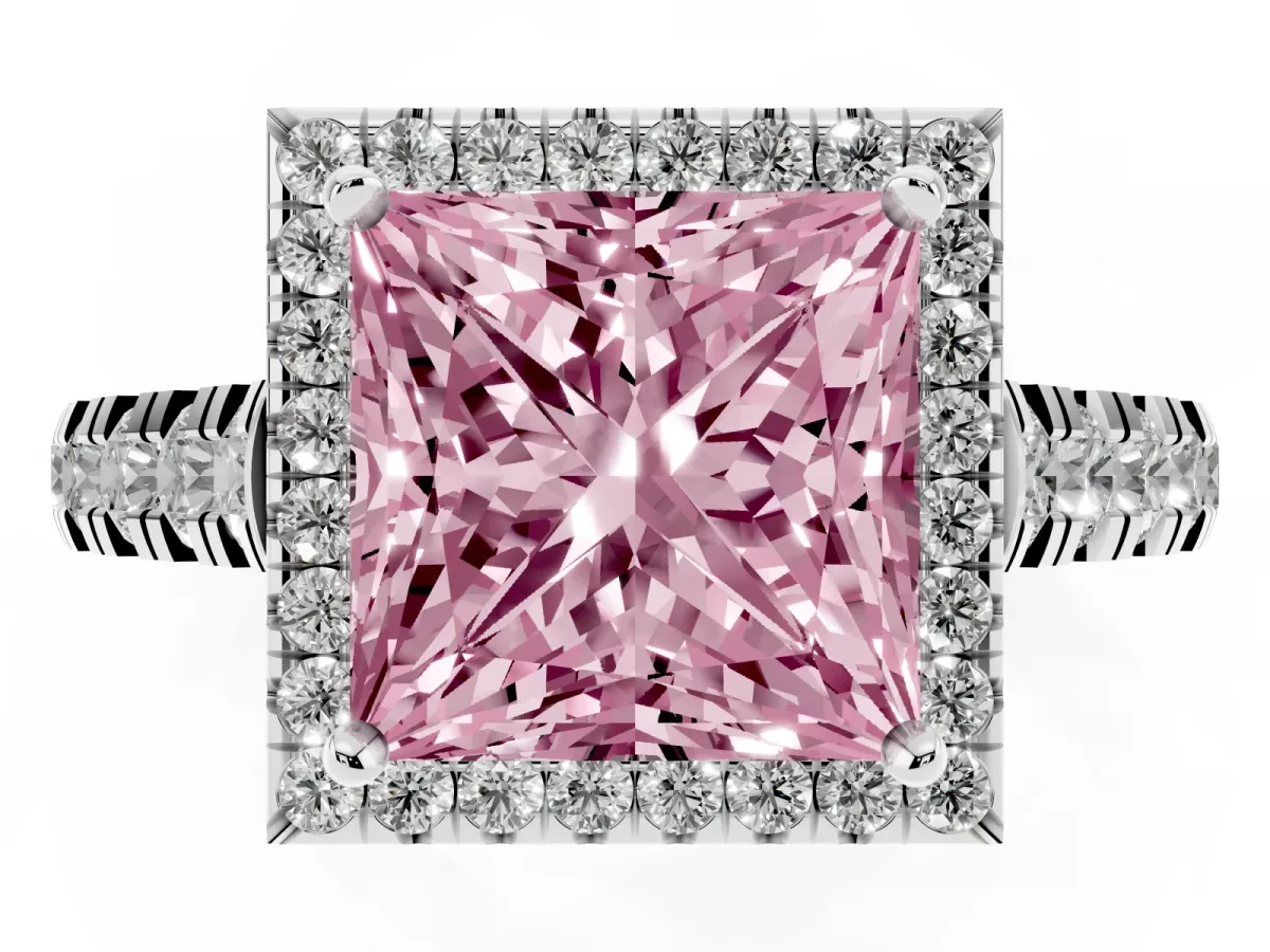 Fancy Pink Princess Cut Halo Pavé Diamond Engagement Ring with Four-Prong Setting Silver