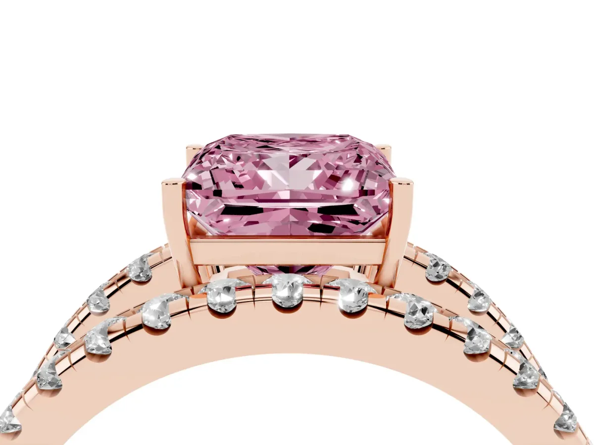 Fancy Pink Princess Cut Solitaire Split Shank Pave Diamond Ring Rose gold
