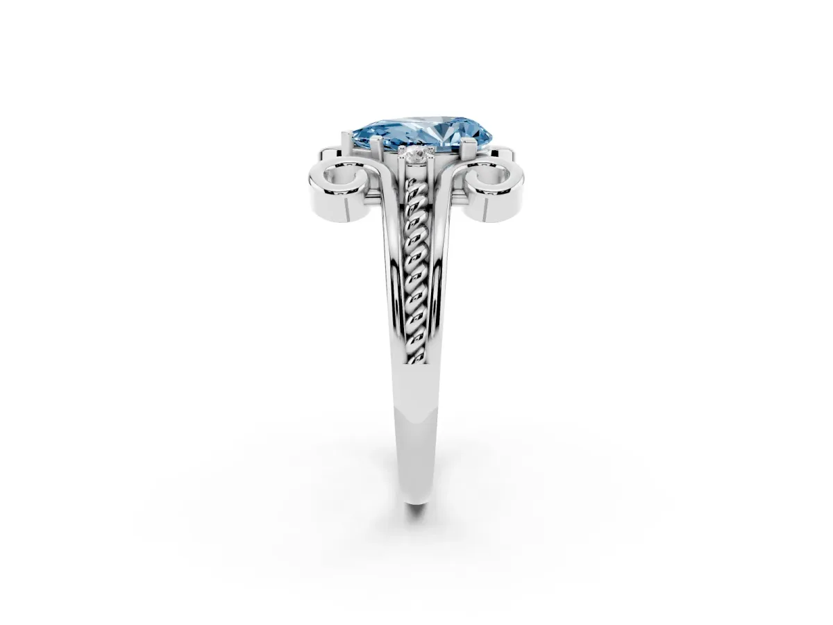 Fancy Blue Pear Cut Solitaire Twisted Band Scroll Prong Ring Platinum