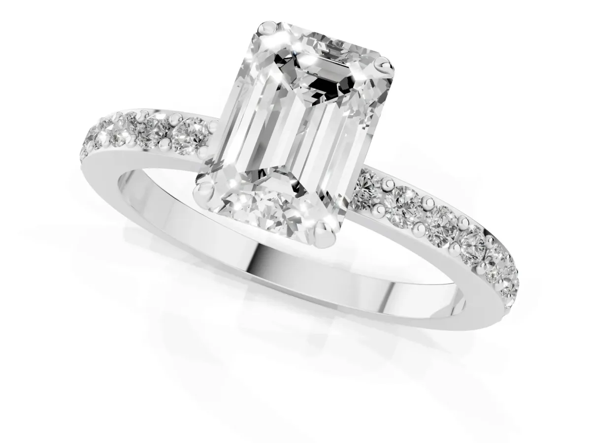 Emerald Cut Diamond Solitaire Engagement Ring with Pavé Band and Four-Prong Setting Platinum