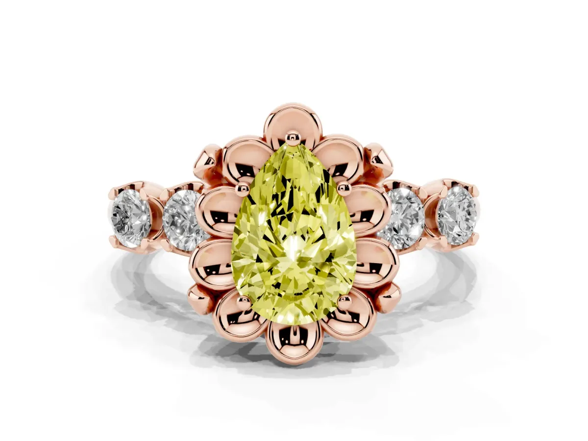 Fancy Yellow Pear Cut Cut Diamond Floral Halo Engagement Ring with Shared Prong Setting Rose gold