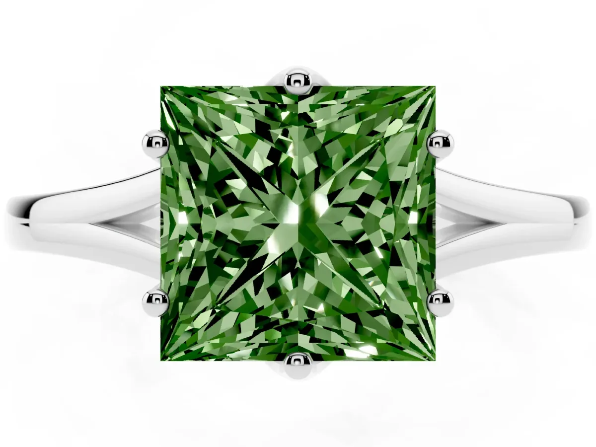 Fancy Green Princess Cut Solitaire Diamond Ring with Six-Prong Setting and Tapered Band Silver