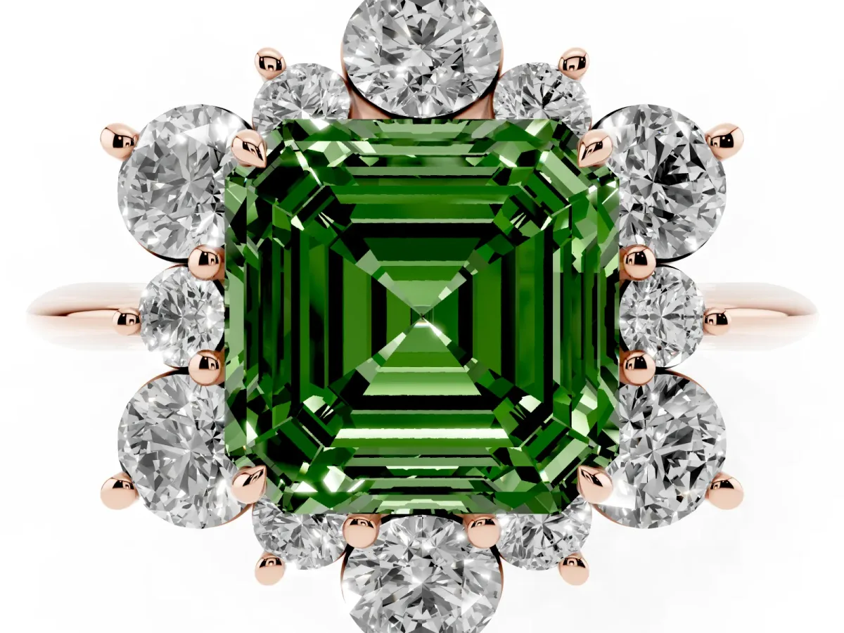 Fancy Green Asscher Cut Diamond Cluster Halo Ring with Solitaire Band and Four-Prong Setting Rose gold