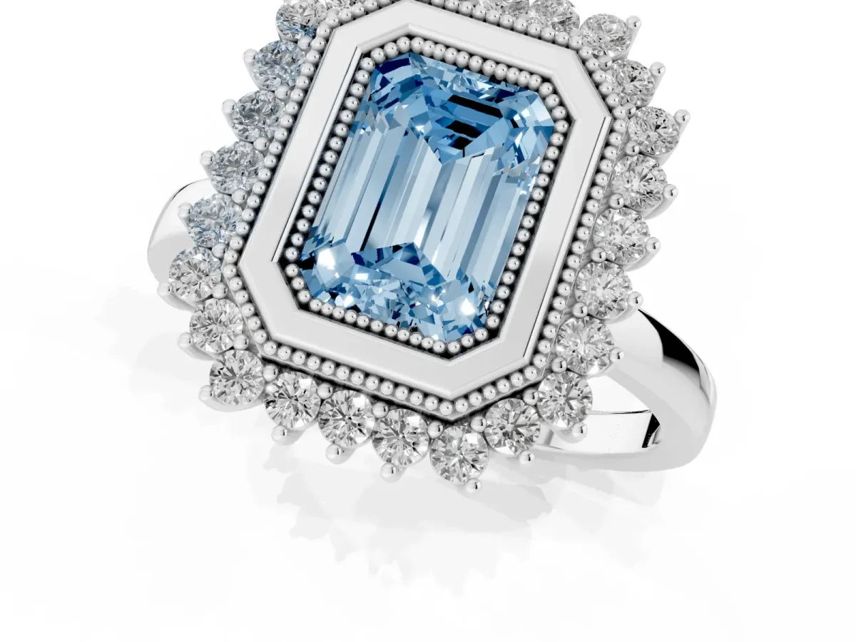 Fancy Blue Emerald Cut Halo Diamond Ring with Milgrain Edge and Round Prong Setting Platinum