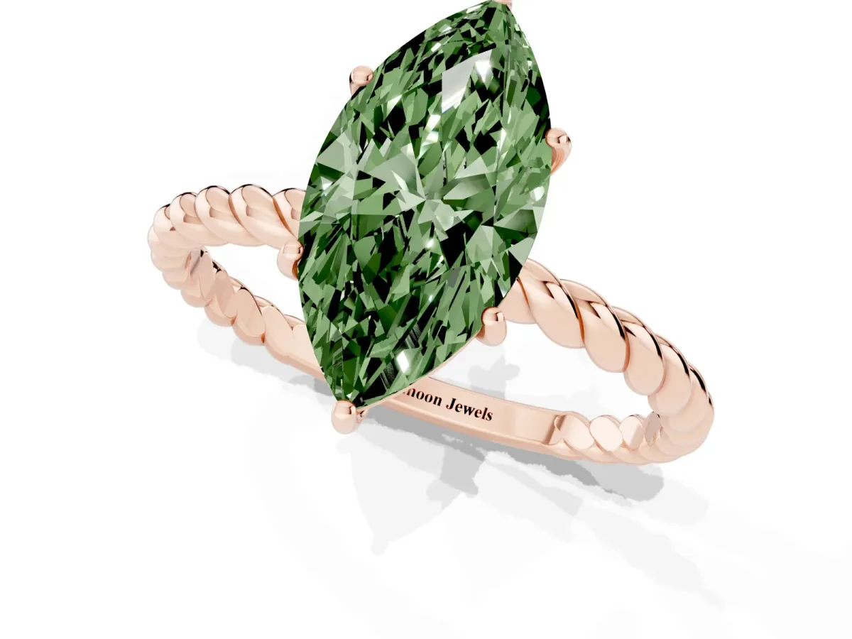 Fancy Green Marquise Cut Solitaire Twist Band Ring with Four-Prong Setting Rose gold