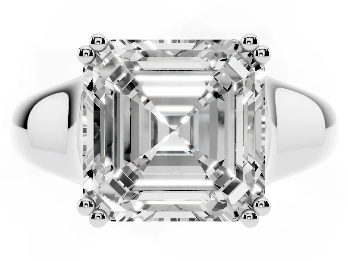 Asscher Cut Diamond Solitaire Ring with Wide Band and Prong Setting Silver