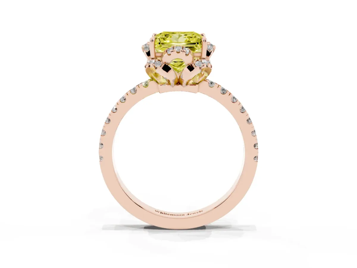 Fancy Yellow Princess Cut Diamond Halo Pave Band with Four-Prong Setting Rose gold