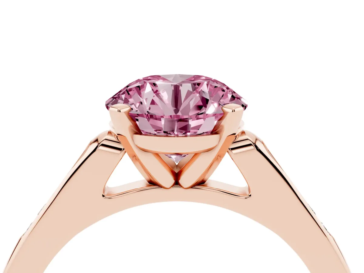 Fancy Pink Round Cut Diamond Solitaire Ring with Channel Set Round Band and Prong Setting Rose gold