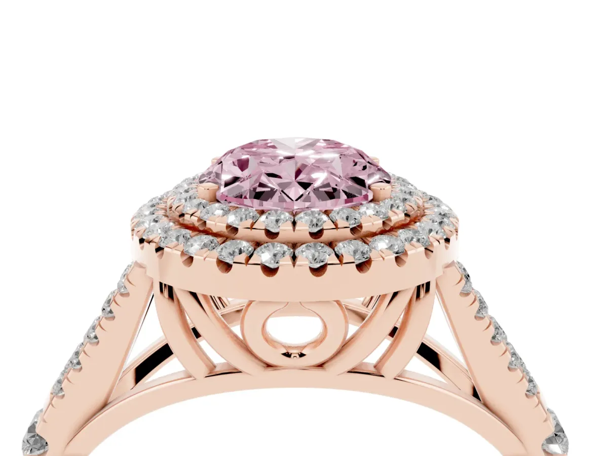 Fancy Pink Oval Cut Cut Double Halo Split Shank Diamond Ring with Prong Setting Rose gold