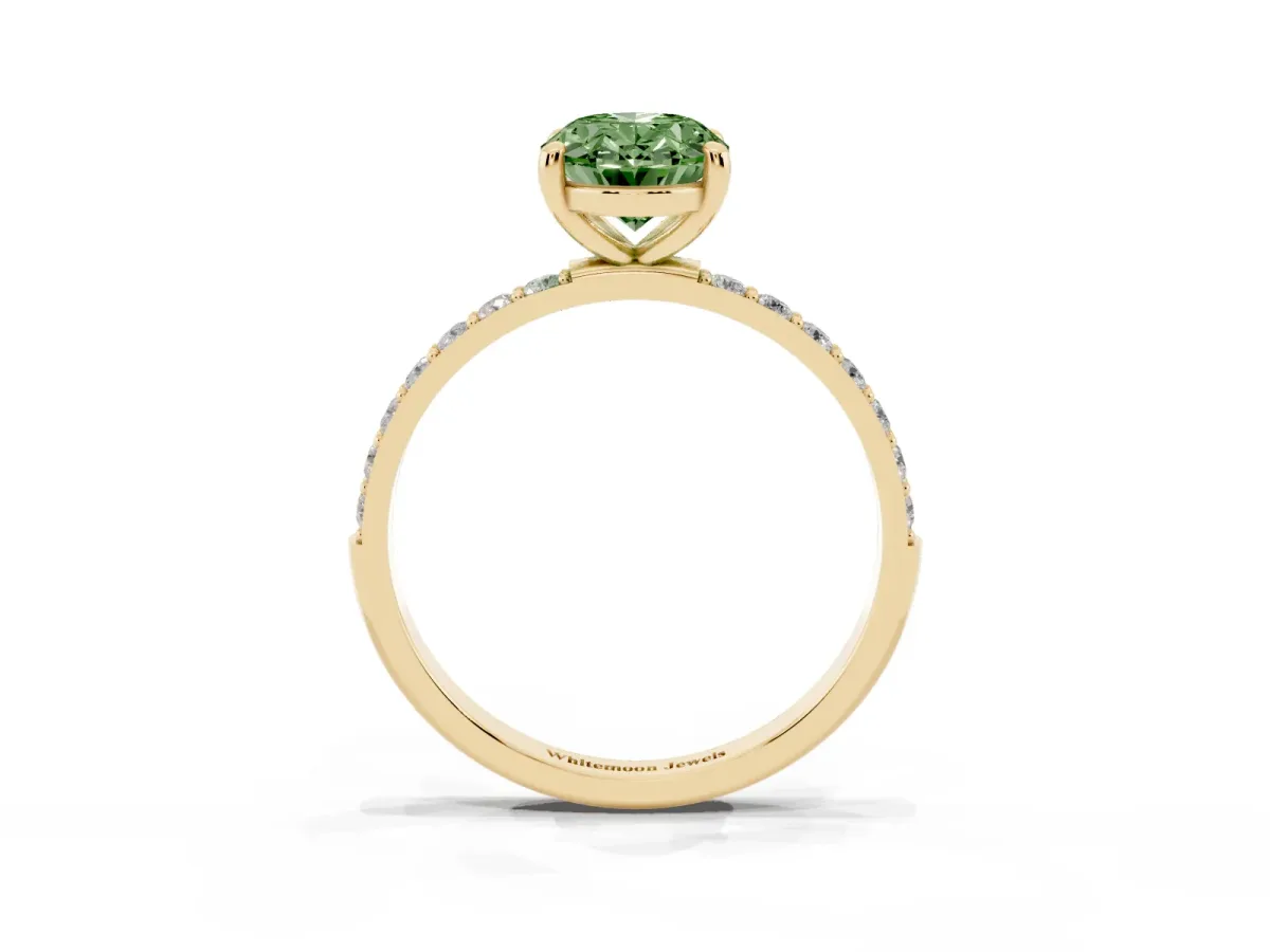 Fancy Green Oval Cut Diamond Solitaire Ring with Round Pavé Band and Prong Setting Yellow gold