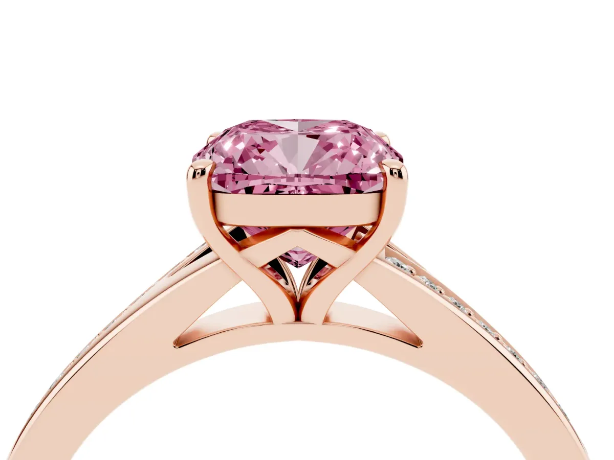 Fancy Pink Cushion Cut Diamond Solitaire Ring with Pavé Band and Prong Setting Rose gold