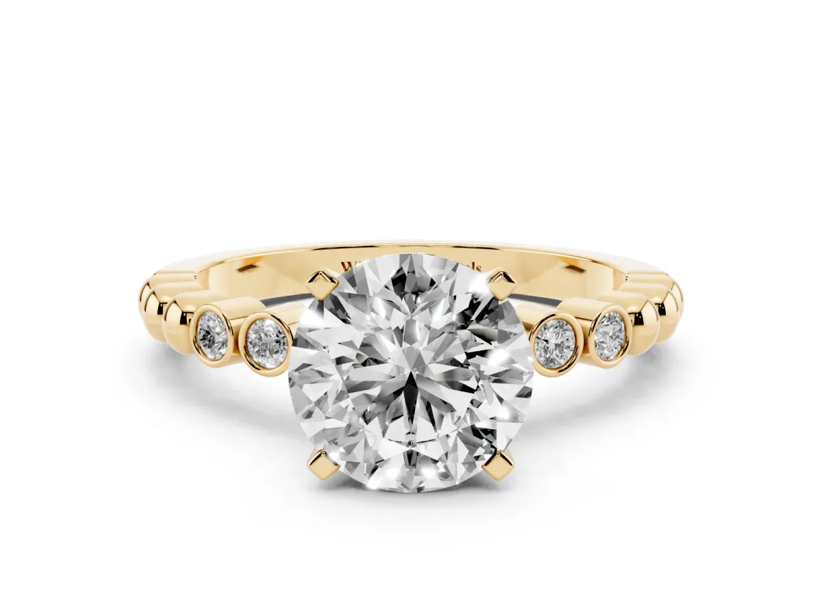 Round Cut Solitaire Bezel Accent Diamond Engagement Ring with Beaded Band and Four-Prong Setting Yellow gold