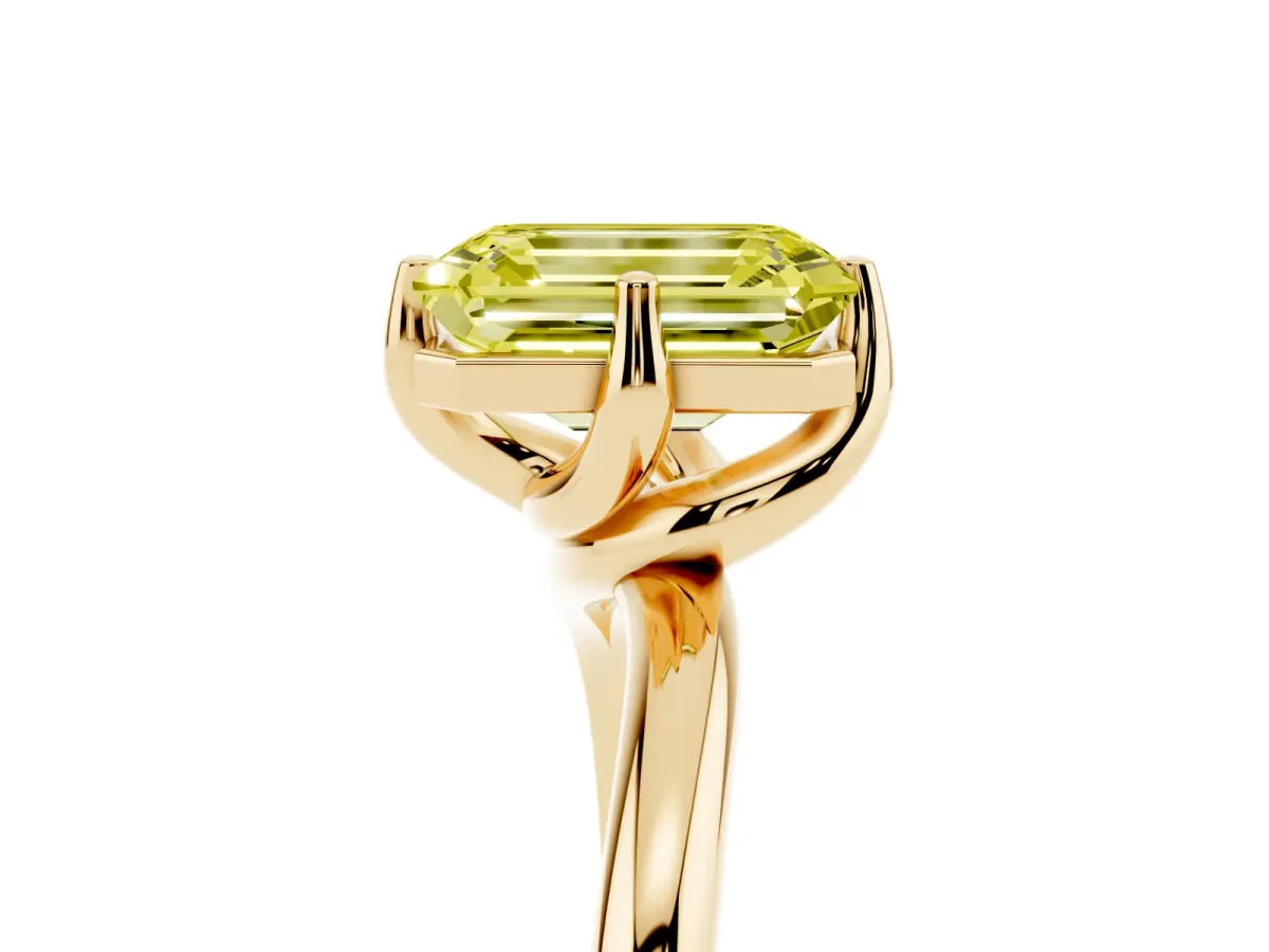 Fancy Yellow Emerald Cut Diamond Solitaire Engagement Ring with Four-Prong Setting and Classic Band Yellow gold