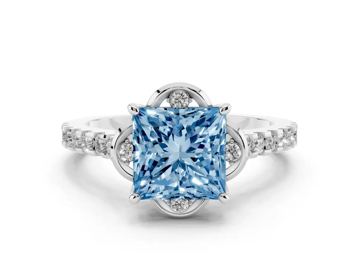 Fancy Blue Princess Cut Diamond Ring with Pavé Band and Floral Prong Setting Silver
