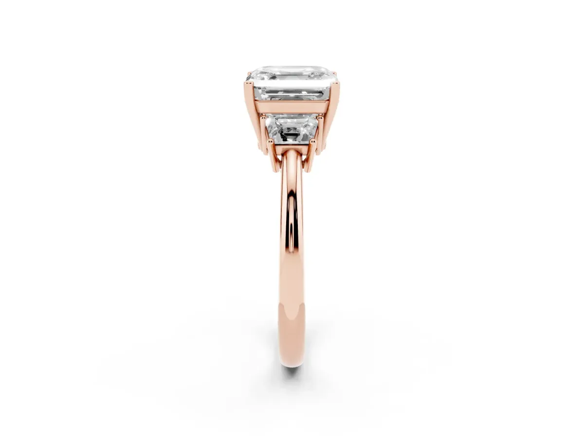 Asscher Cut Diamond Three-Stone Ring with Trapezoid Side Stones and Prong Setting Rose gold
