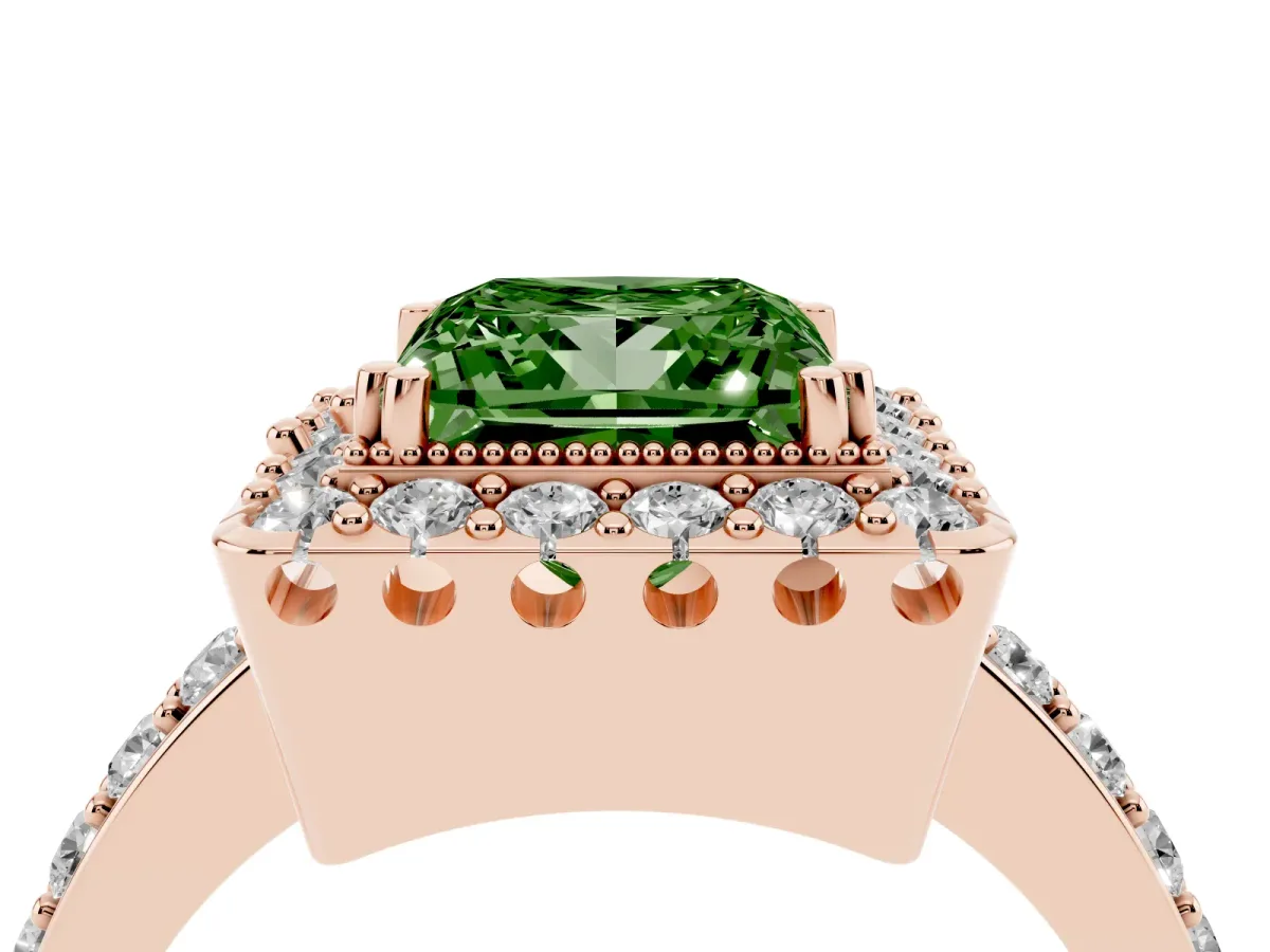 Fancy Green Princess Cut Diamond Halo Ring with Pavé Band and Prong Setting Rose gold