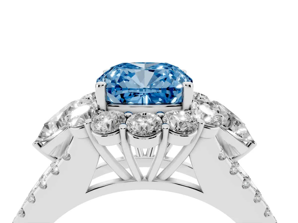 Fancy Blue Cushion Cut Halo Split Shank Diamond Engagement Ring with Prong Setting White gold