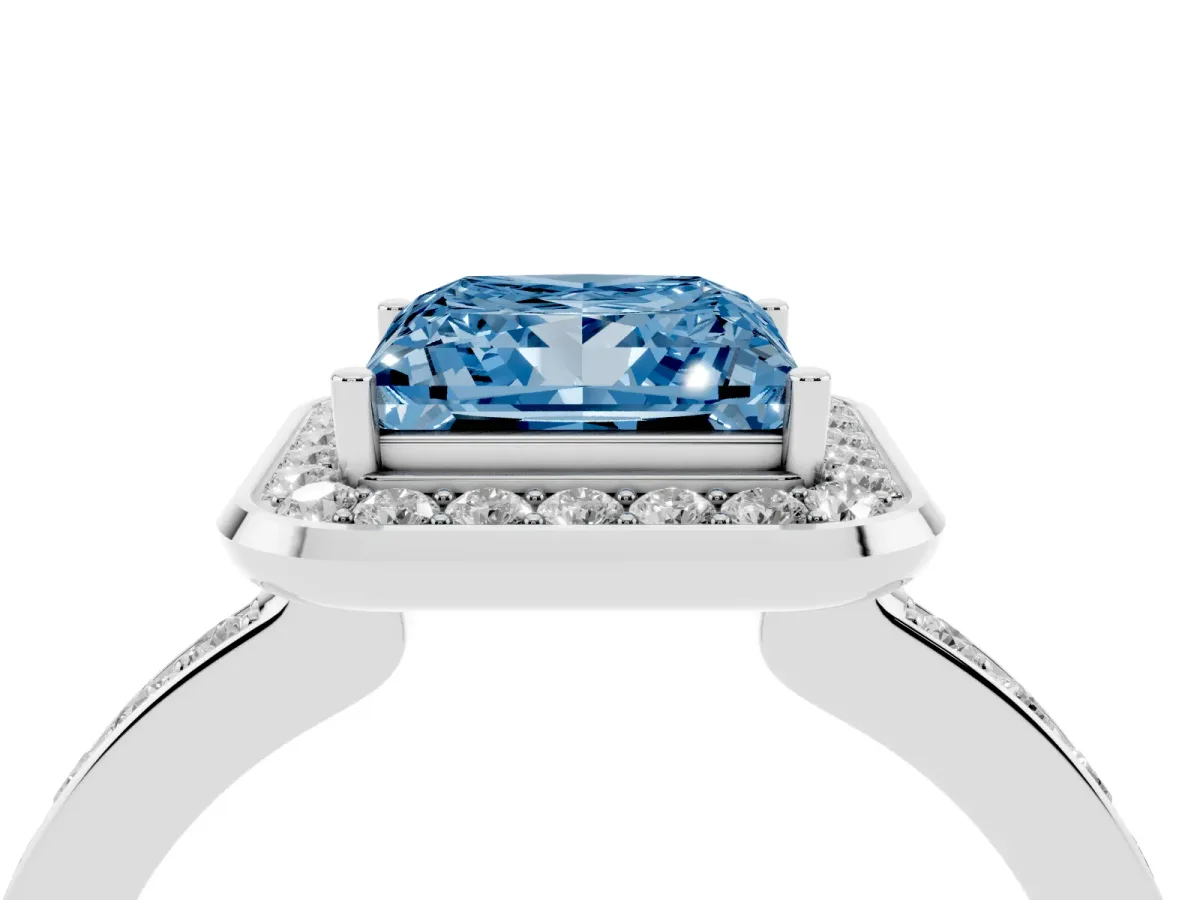 Fancy Blue Princess Cut Diamond Halo Ring with Bezel Frame and Pavé Band Silver