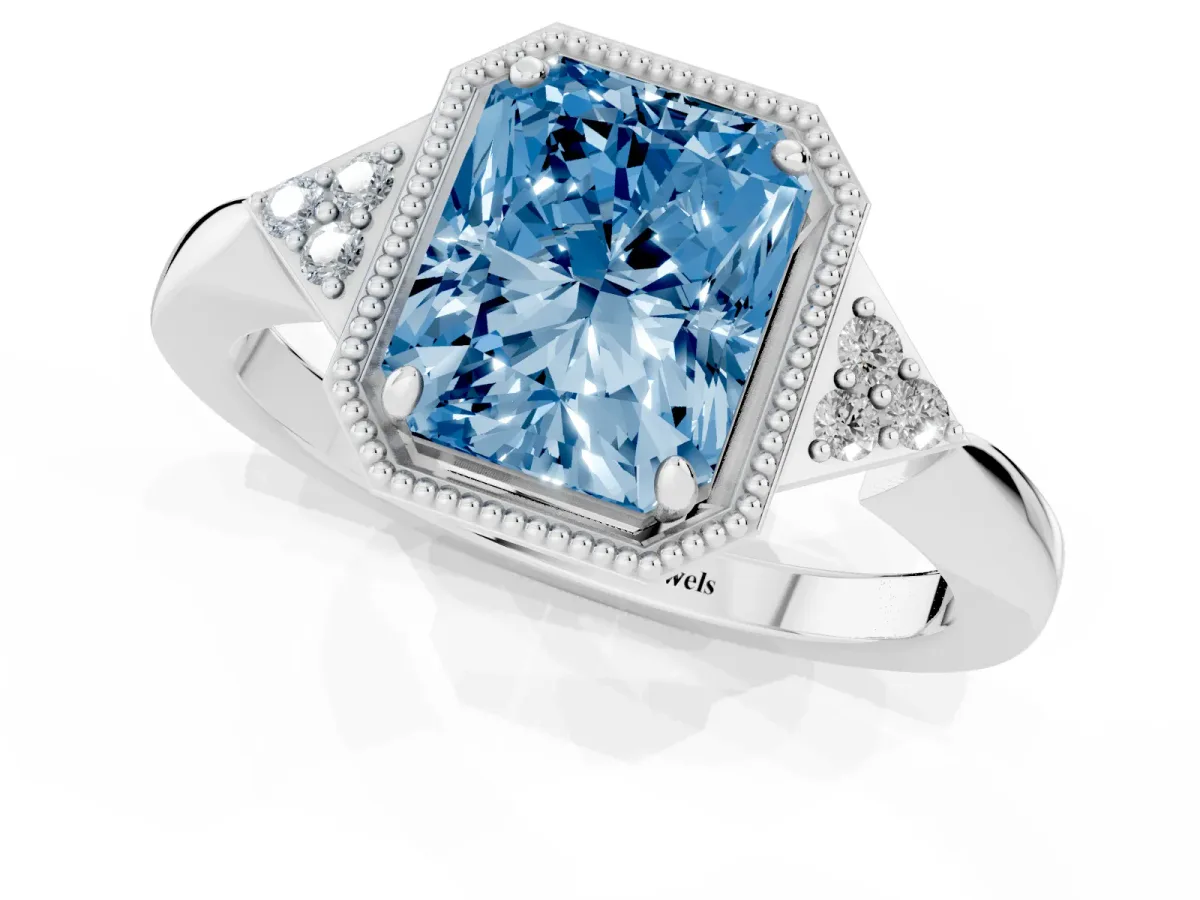 Fancy Blue Radiant Cut Diamond Halo Ring with Tapered Band and Four-Prong Setting Silver