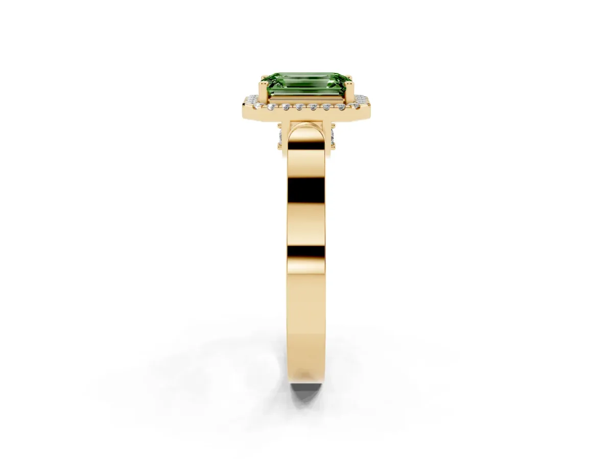 Fancy Green Emerald Cut Halo Round Diamond Twist Band with Four-Prong Setting Yellow gold
