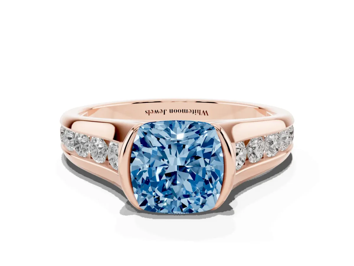 Fancy Blue Cushion Cut Solitaire Bezel-Set Diamond Ring with Channel-Set Band Rose gold