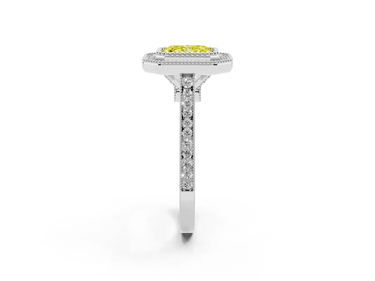 Fancy Yellow Radiant Cut Diamond Halo Ring with Milgrain Frame and Pavé Band White gold