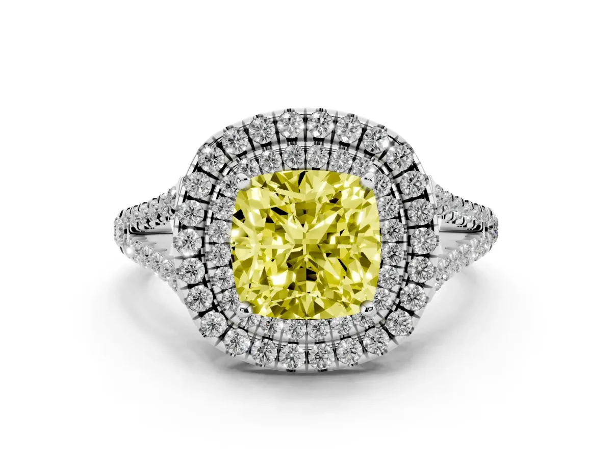 Fancy Yellow Cushion Cut Diamond Double Halo Ring with Pavé Band and Prong Setting Platinum