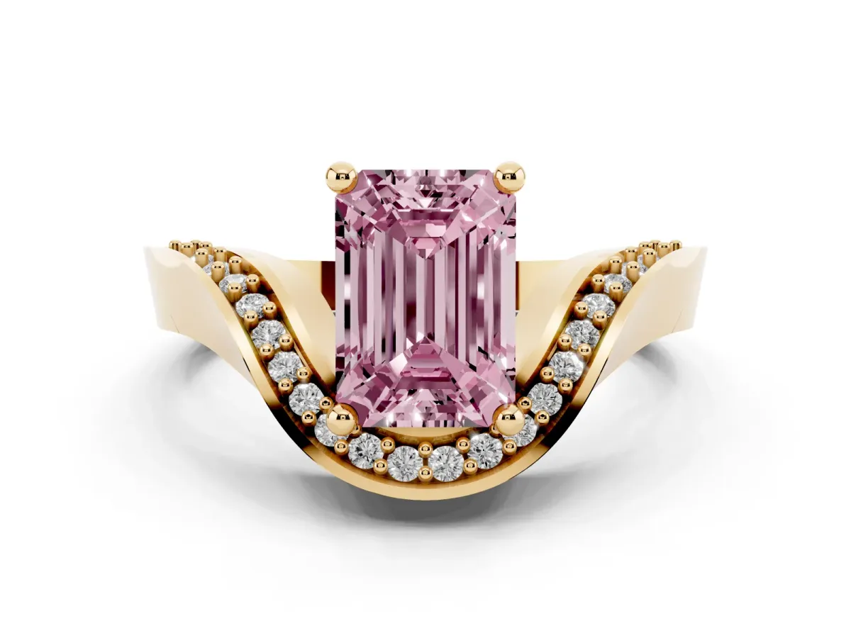 Fancy Pink Emerald Cut Solitaire Diamond Engagement Ring with Pave Band and Four-Prong Setting Yellow gold