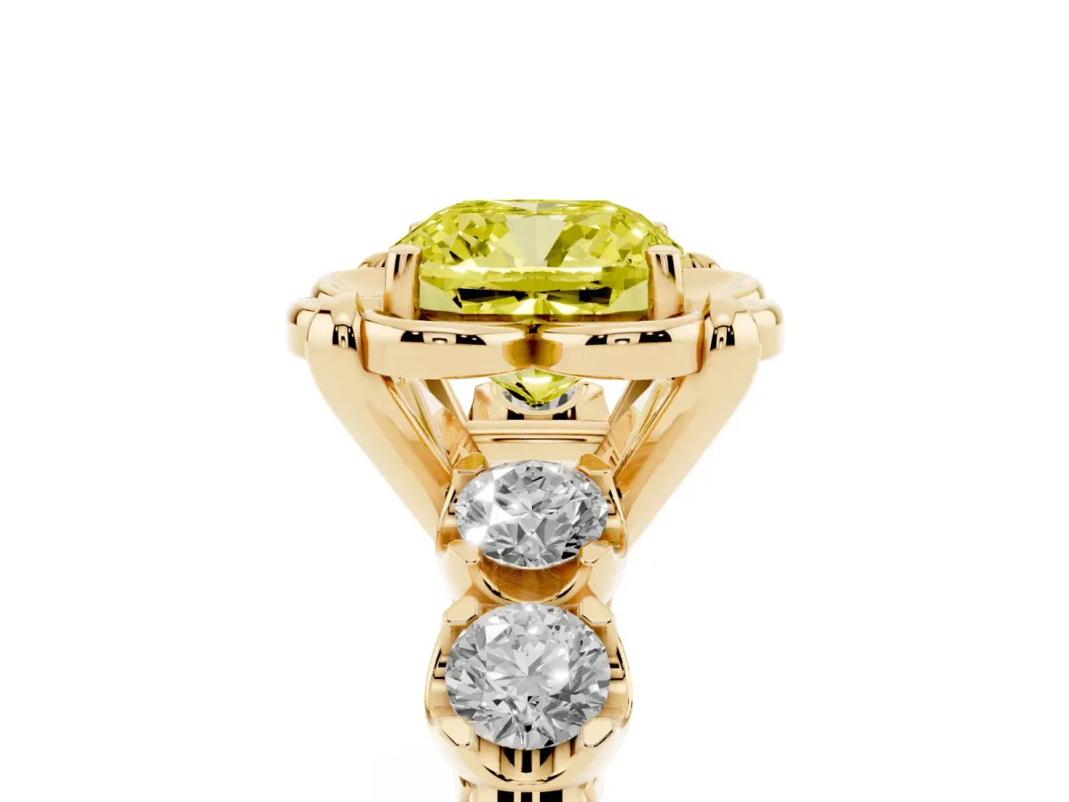 Fancy Yellow Cushion Cut Cut Diamond Floral Halo Engagement Ring with Shared Prong Setting Yellow gold