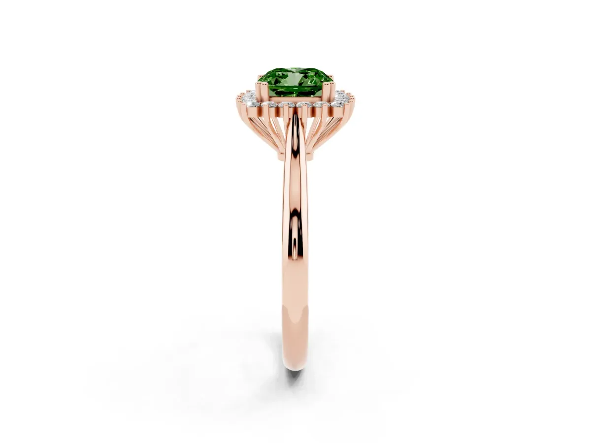 Fancy Green Cushion Cut Cut Diamond Halo Ring with Solitaire Band and Prong Setting Rose gold