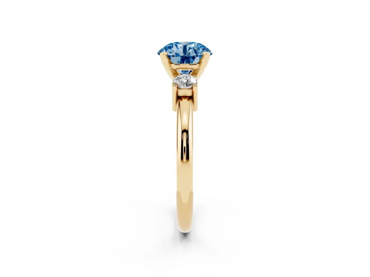Fancy Blue Three-Stone Round Cut Cut Diamond Solitaire with Prong Setting and Classic Band Yellow gold