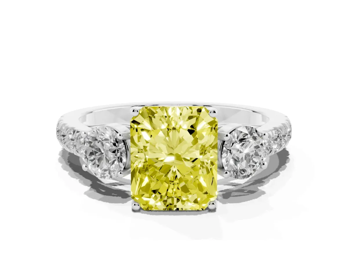 Fancy Yellow Radiant Cut Cut Diamond Three-Stone Ring with Round Side Stones and Pavé Band Silver