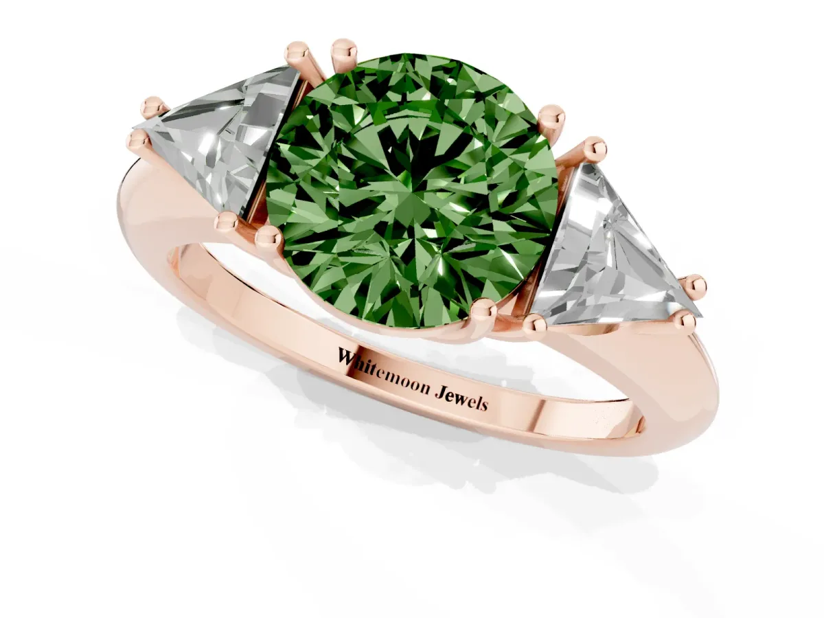 Fancy Green Three-Stone Round Cut Diamond Engagement Ring with Trillion Side Stones and Prong Setting Rose gold