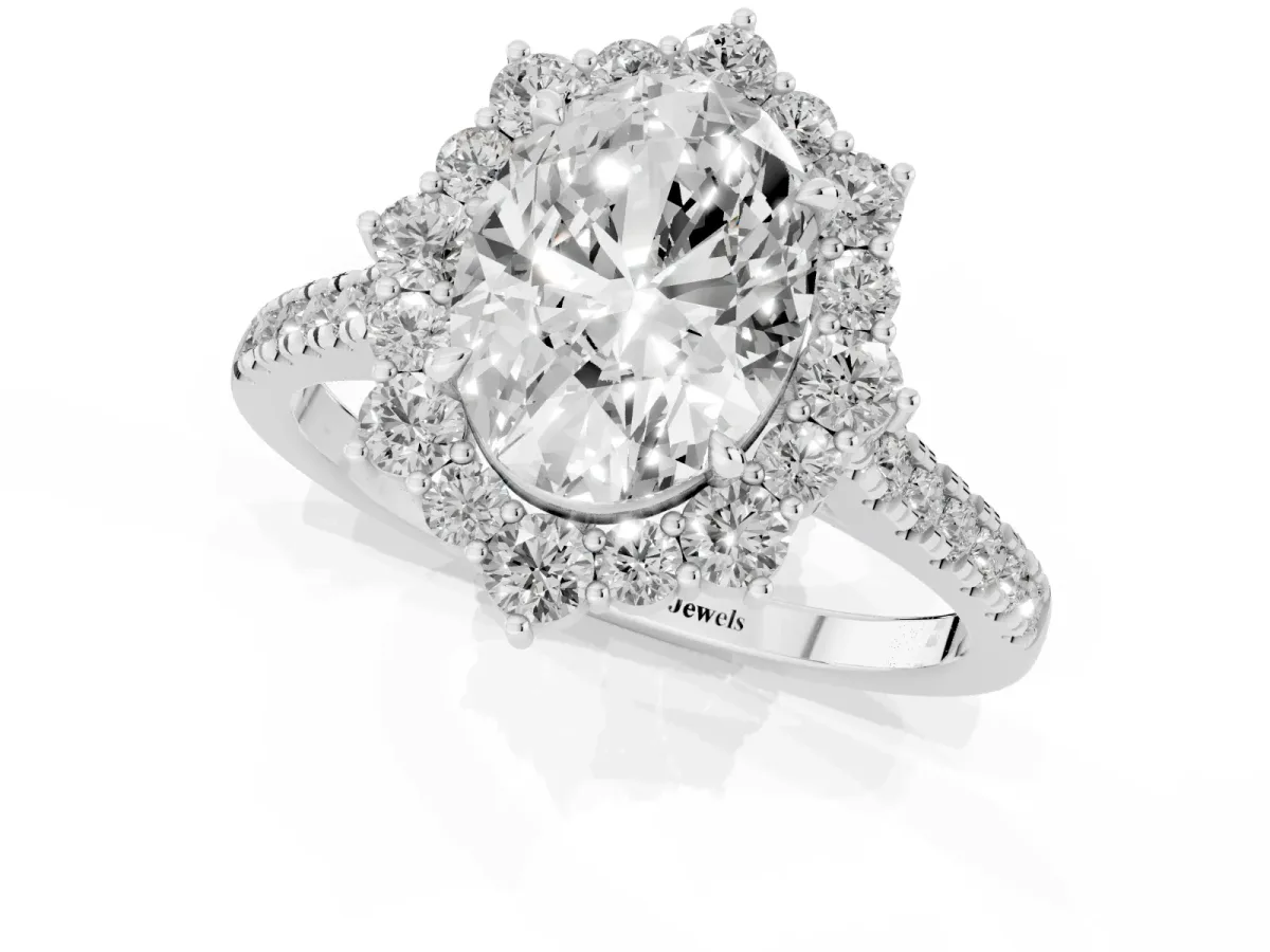 Oval Cut Halo Diamond Ring with Pavé Band and Prong Setting Silver