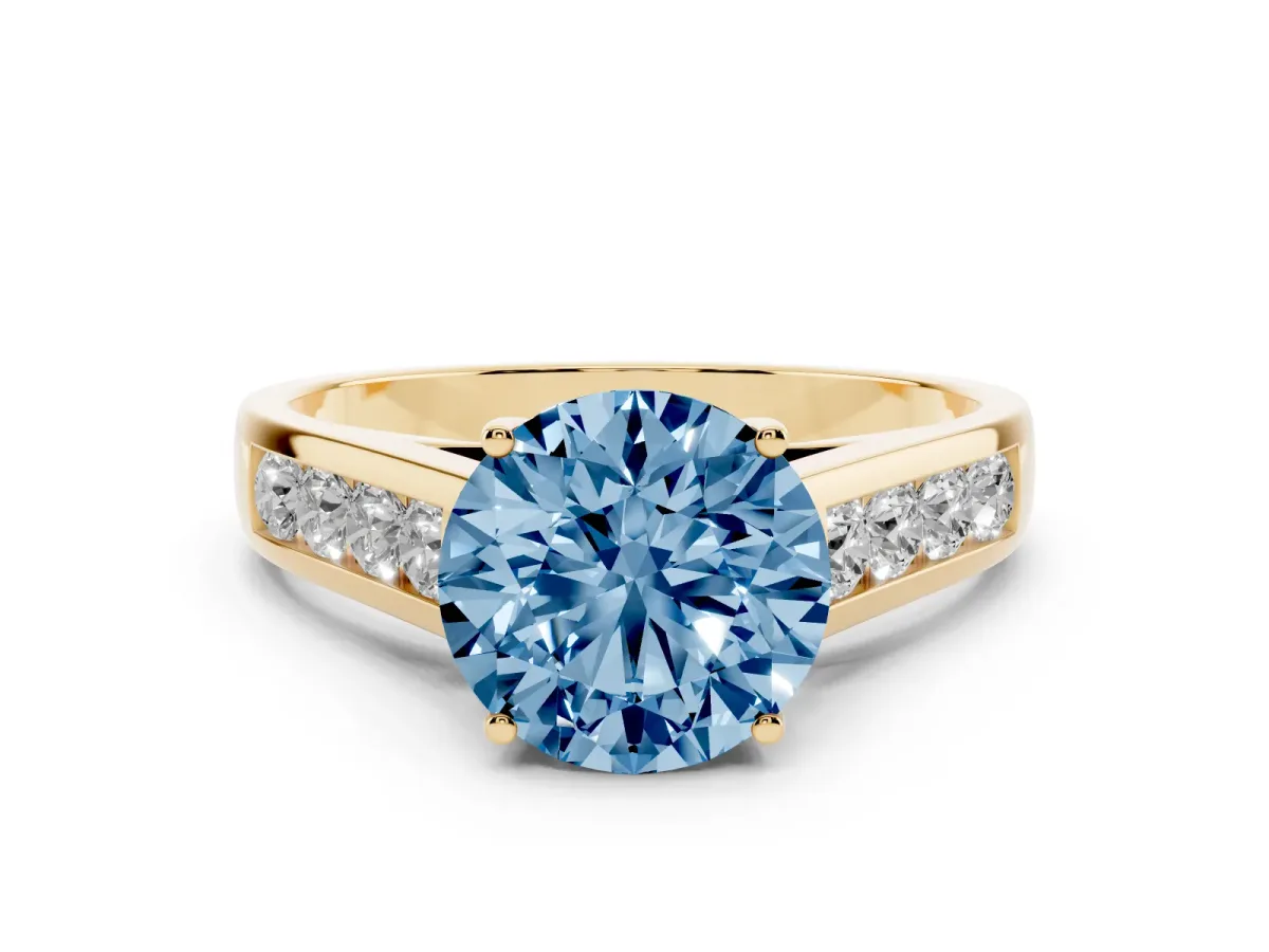 Fancy Blue Round Cut Solitaire Channel-Set Diamond Engagement Ring with Four-Prong Setting Yellow gold