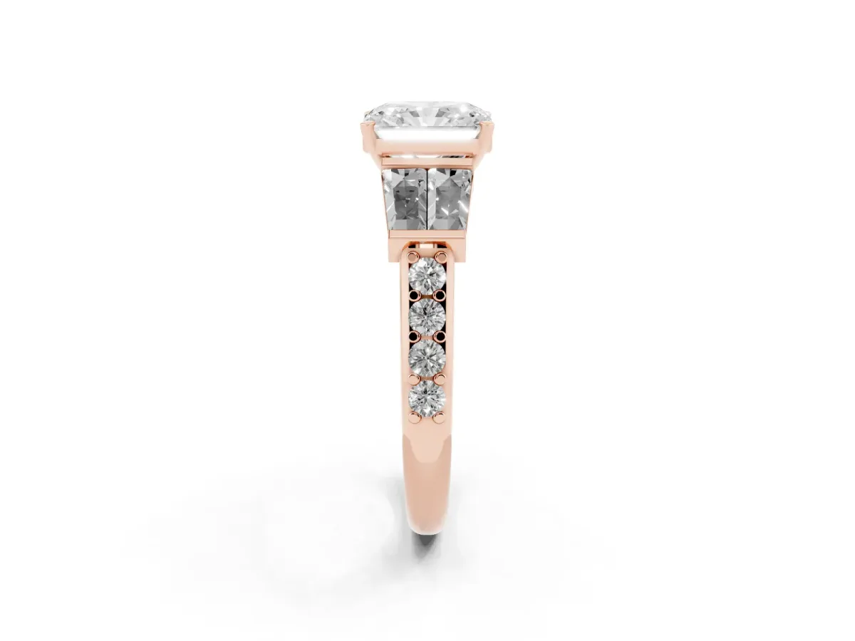 Radiant Cut Diamond Engagement Ring with Baguette Side Stones and Channel Set Band Rose gold