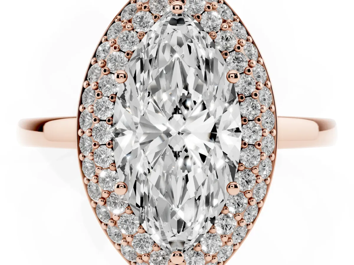 Marquise Cut Halo Diamond Engagement Ring with Solitaire Band and Four-Prong Setting Rose gold