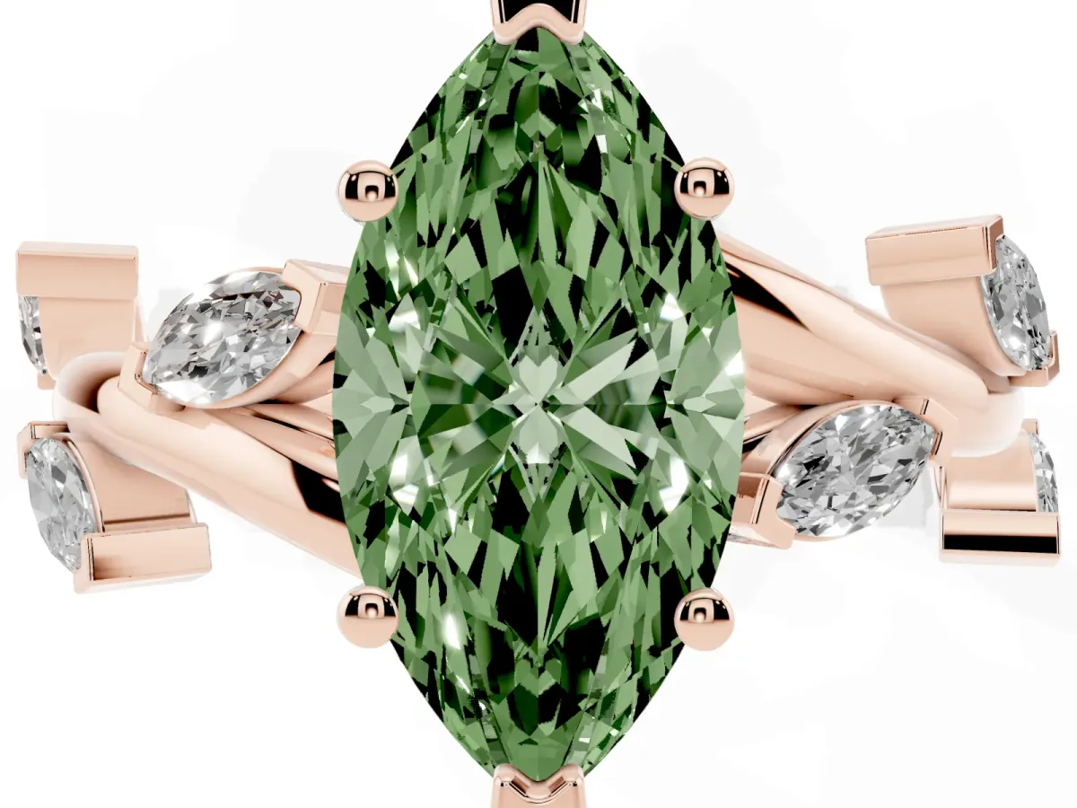 Fancy Green Marquise Cut Solitaire Twisted Band Marquise Accent Prong Setting Ring Rose gold