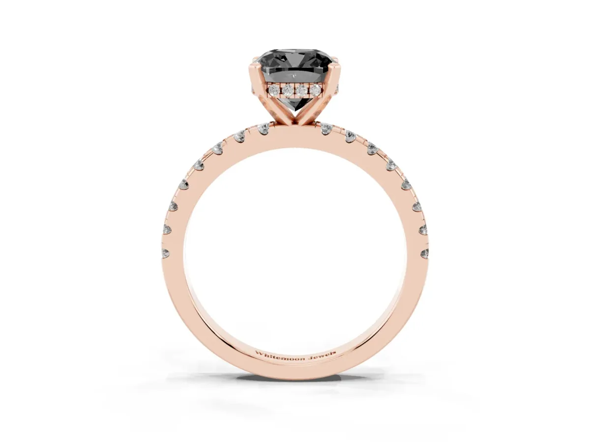 Fancy Black Cushion Cut Diamond Solitaire Ring with Round Pavé Band and Four-Prong Setting Rose gold