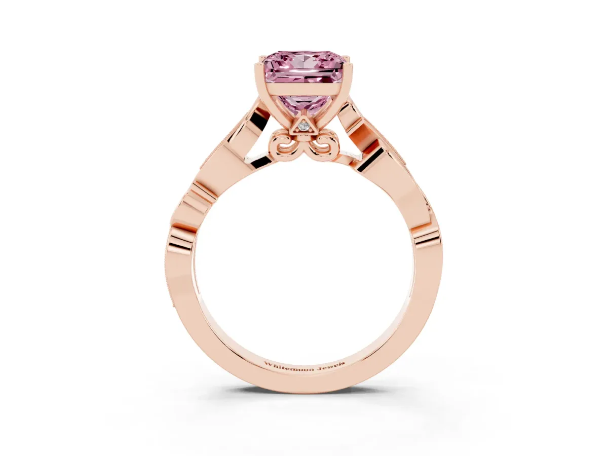 Fancy Pink Princess Cut Solitaire Vine Band with Milgrain Prong Setting Rose gold