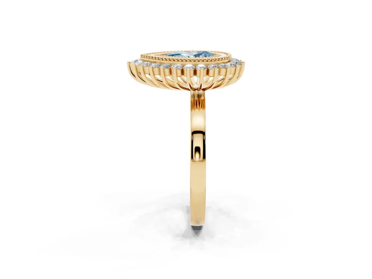 Fancy Blue Pear Cut Halo Diamond Ring with Milgrain Edge and Round Prong Setting Yellow gold