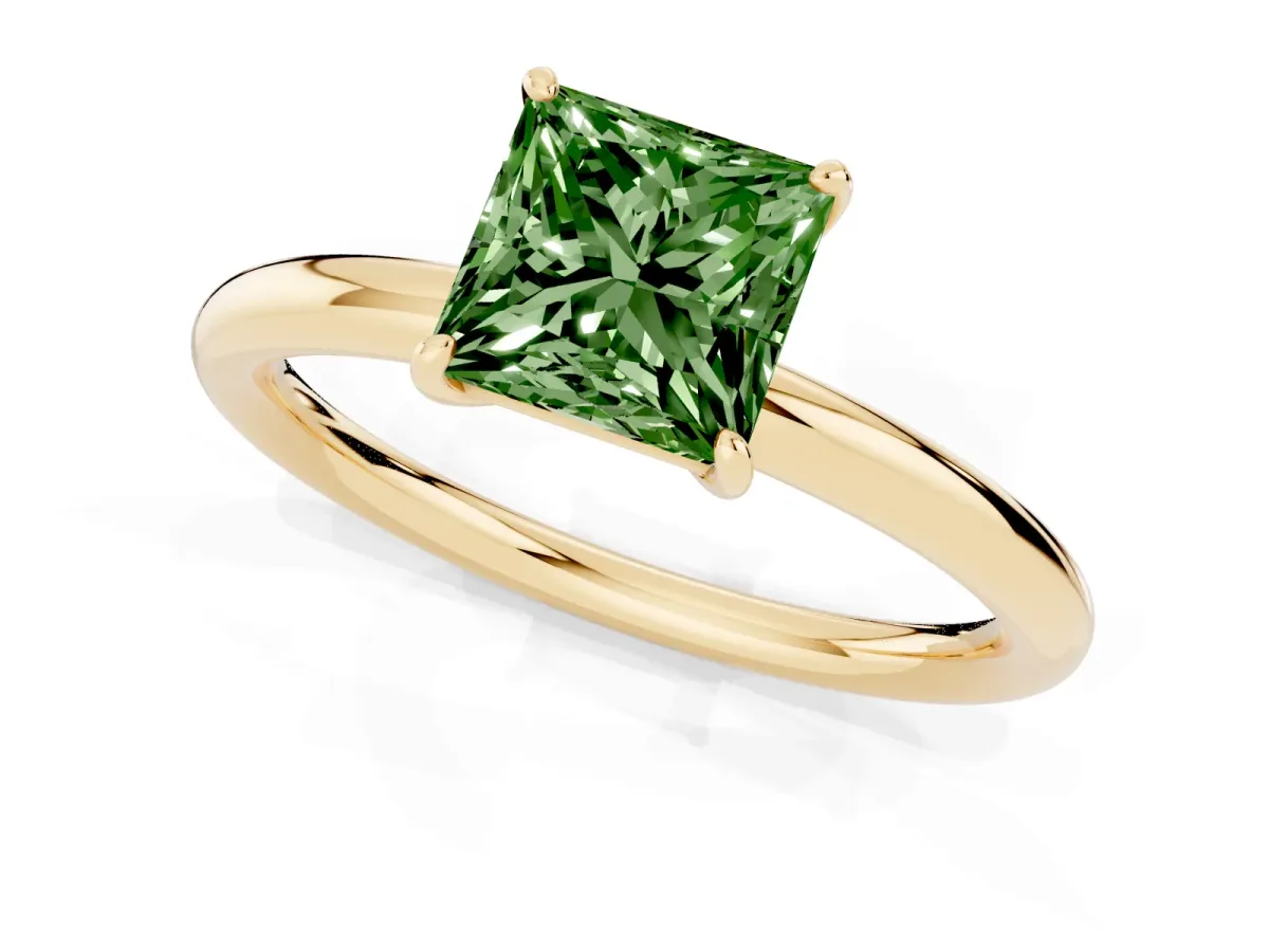 Fancy Green Princess Cut Solitaire Diamond Ring with Four-Prong Setting on a Plain Band Yellow gold