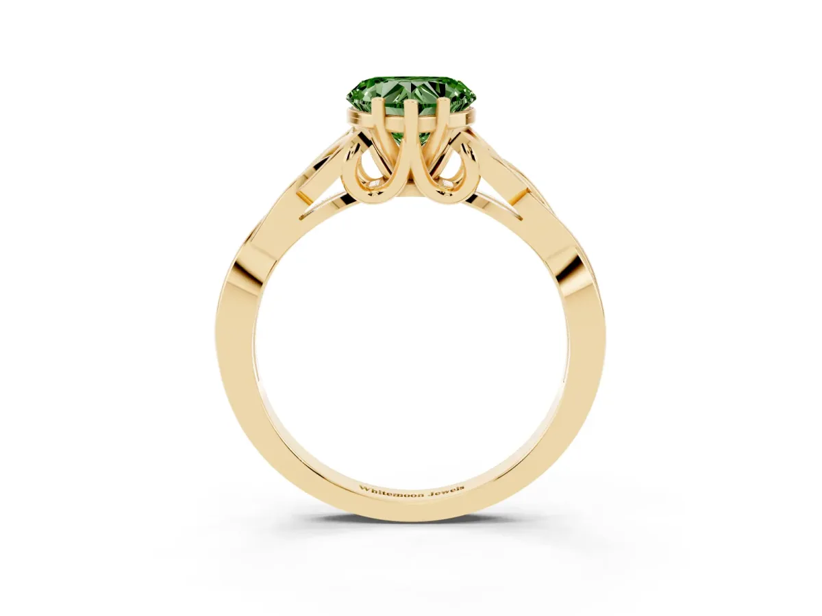 Fancy Green Heart Cut Diamond Solitaire Engagement Ring with Celtic Knot Band and Four-Prong Setting Yellow gold