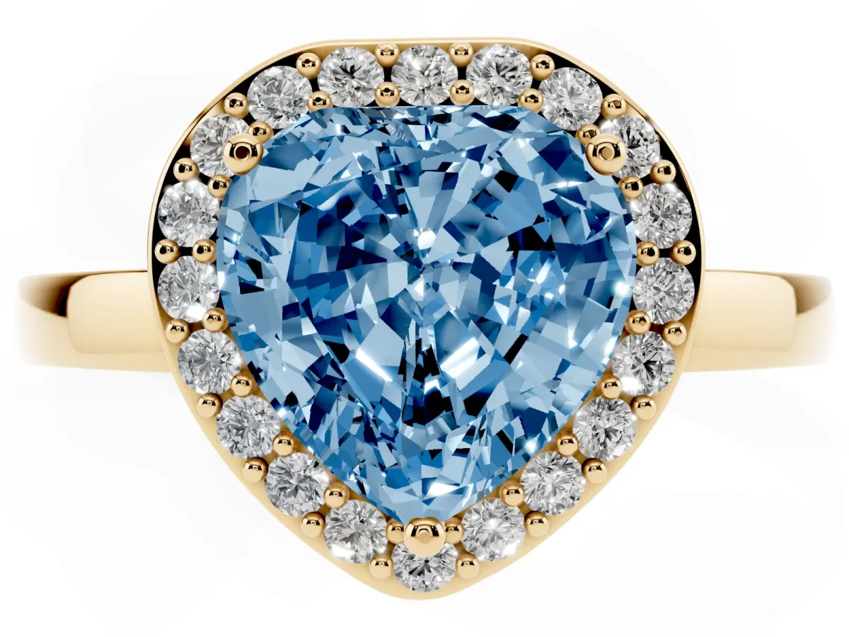Fancy Blue Heart Cut Halo Diamond Ring with Solitaire Band and Prong Setting Yellow gold