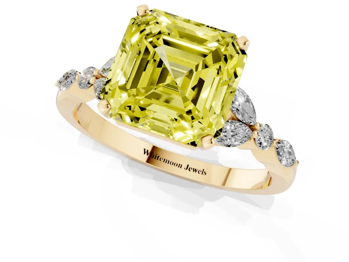 Fancy Yellow Asscher Cut Diamond Solitaire Ring with Side Stones and Four-Prong Setting Yellow gold