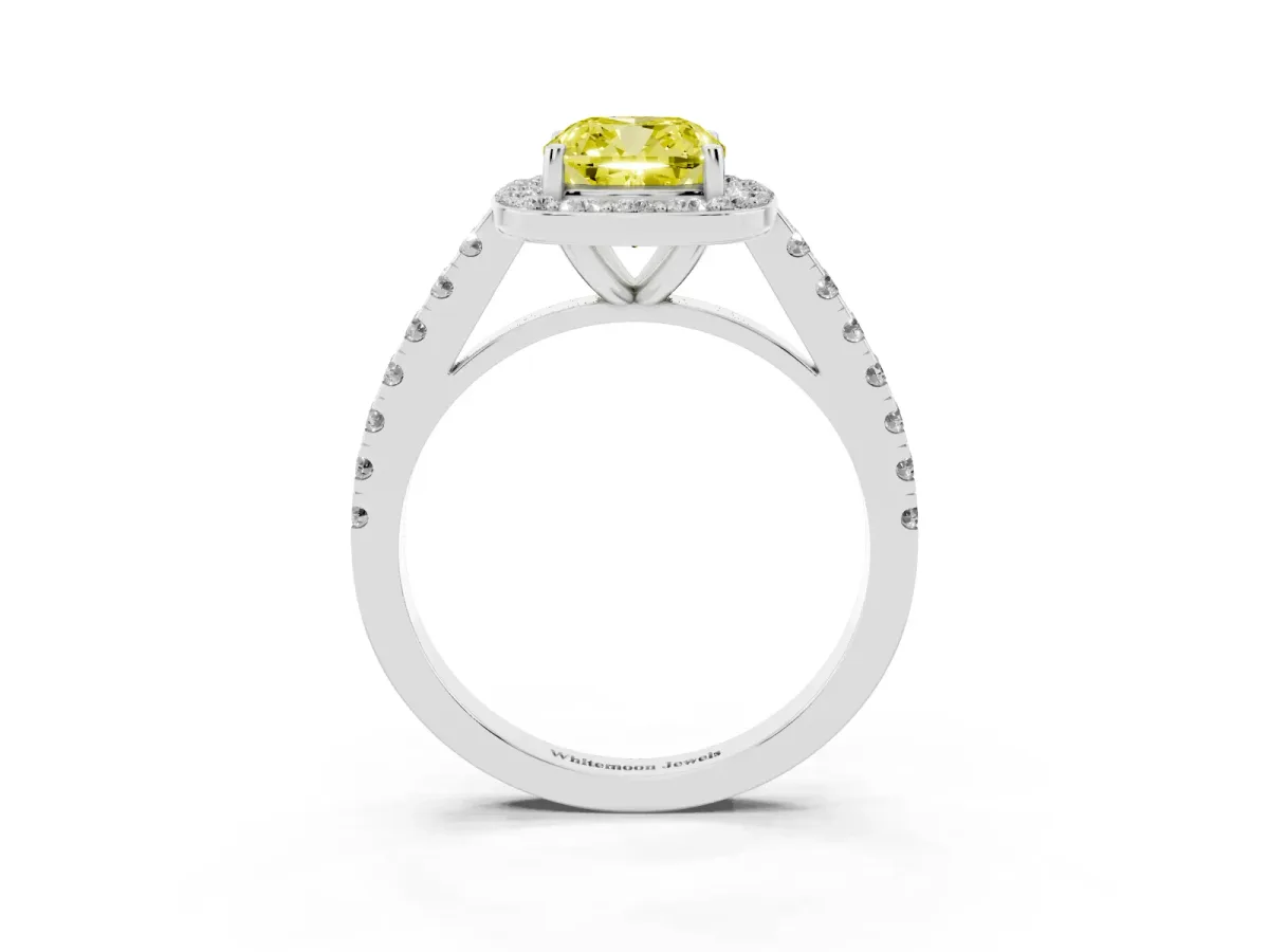 Fancy Yellow Cushion Cut Diamond Halo Ring with Round Pavé Split Shank and Prong Setting Silver