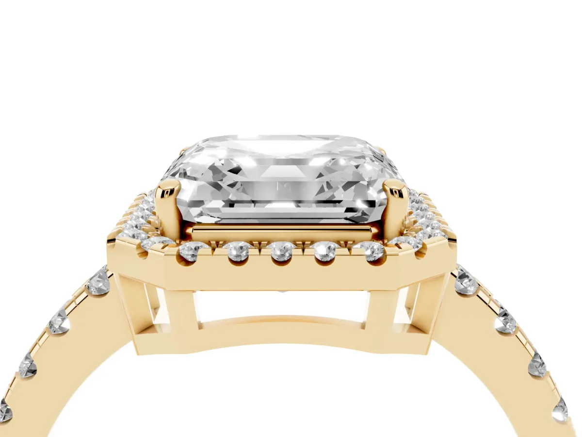 Asscher Cut Diamond Halo Ring with Pavé Band and Four-Prong Setting Yellow gold