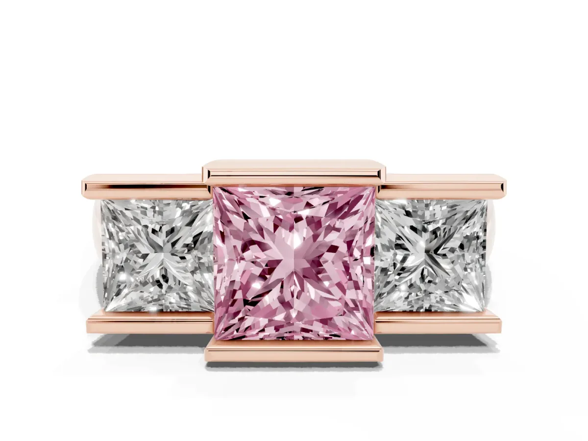 Fancy Pink Three Stone Princess Cut Cut Channel Set Diamond Ring Rose gold
